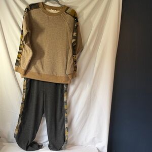 Mystree Tan and Charcoal Camo-Trim Pajama Set
